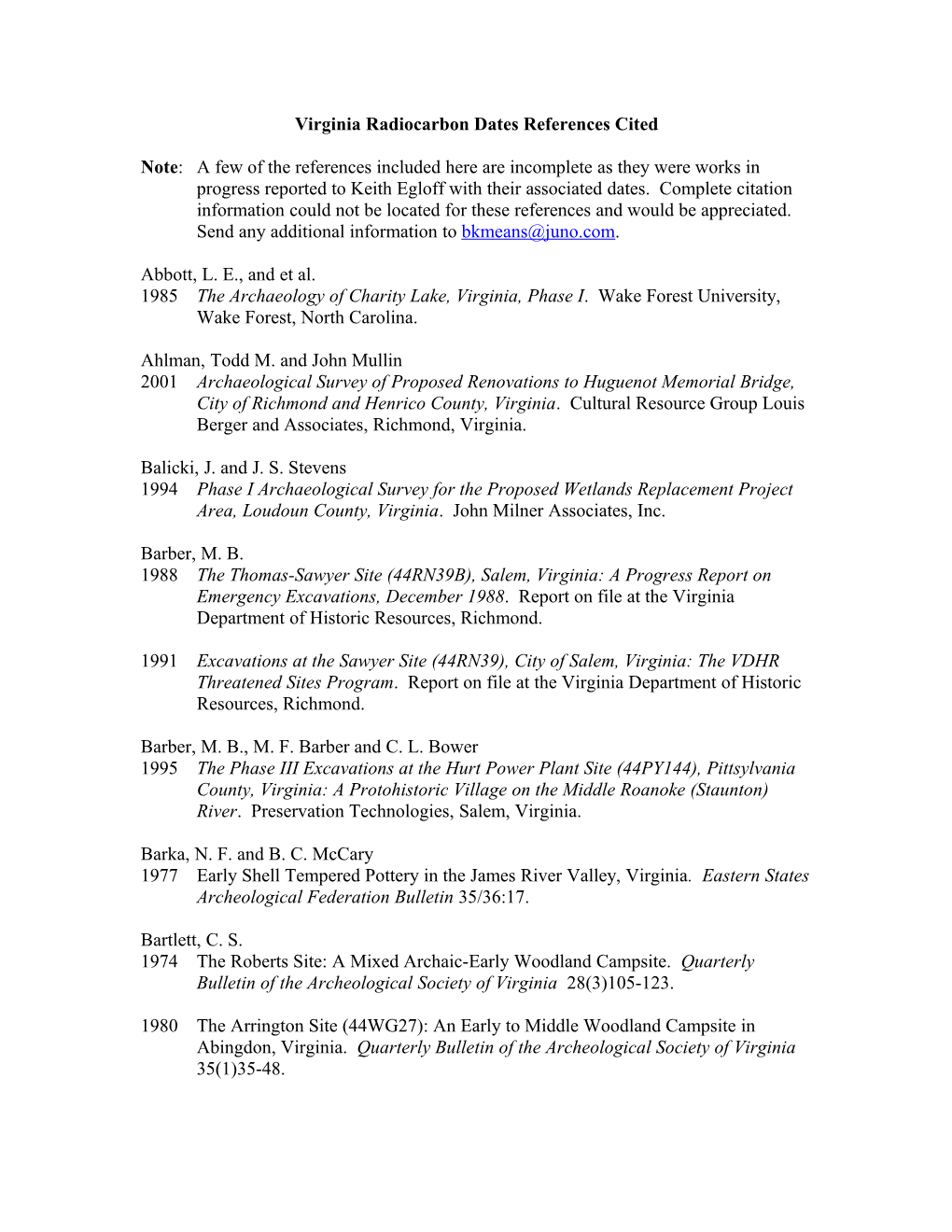 Virginia Radiocarbon Dates References Cited