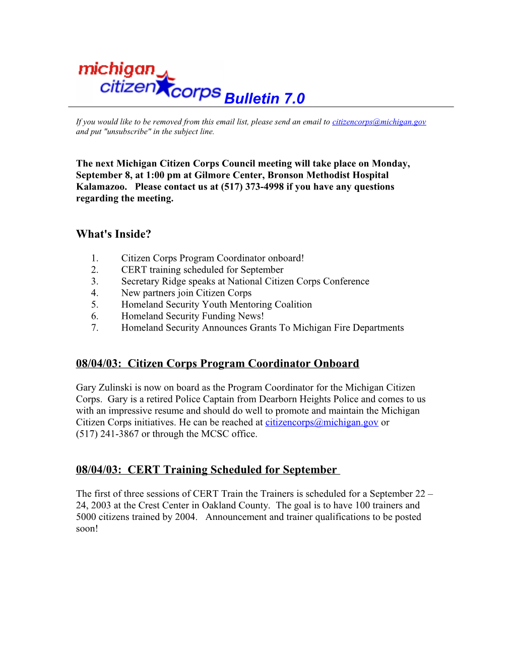 Michigan Citizen Corps Bulletin 8