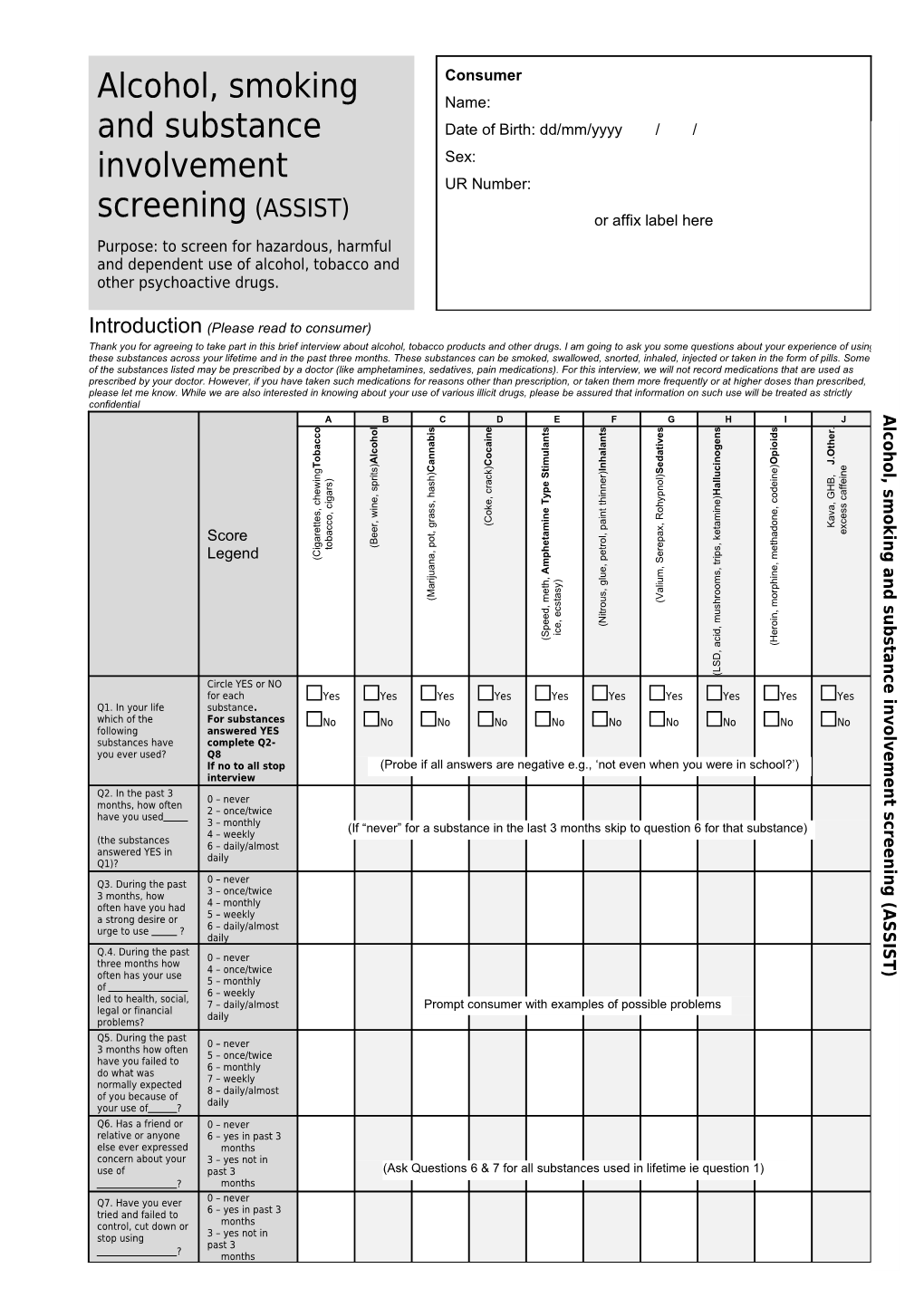 Alcohol, Smoking and Substance Involvement Screening (ASSIST)