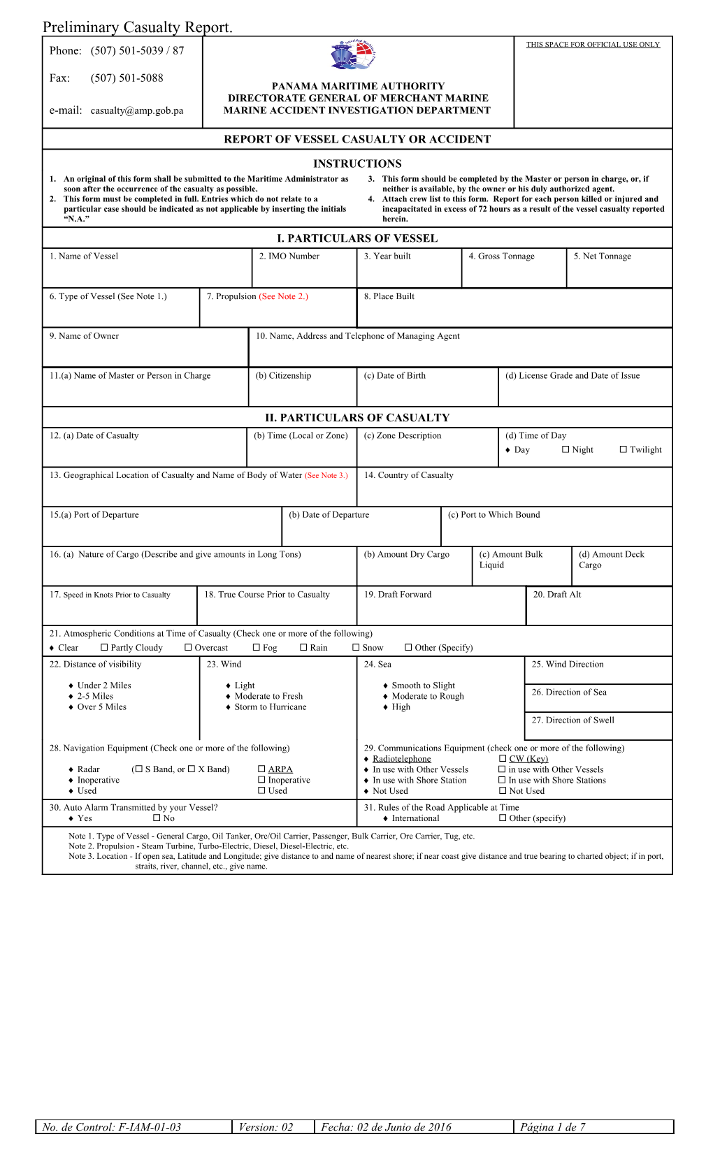 Report of Vessel Casualty Or Accident