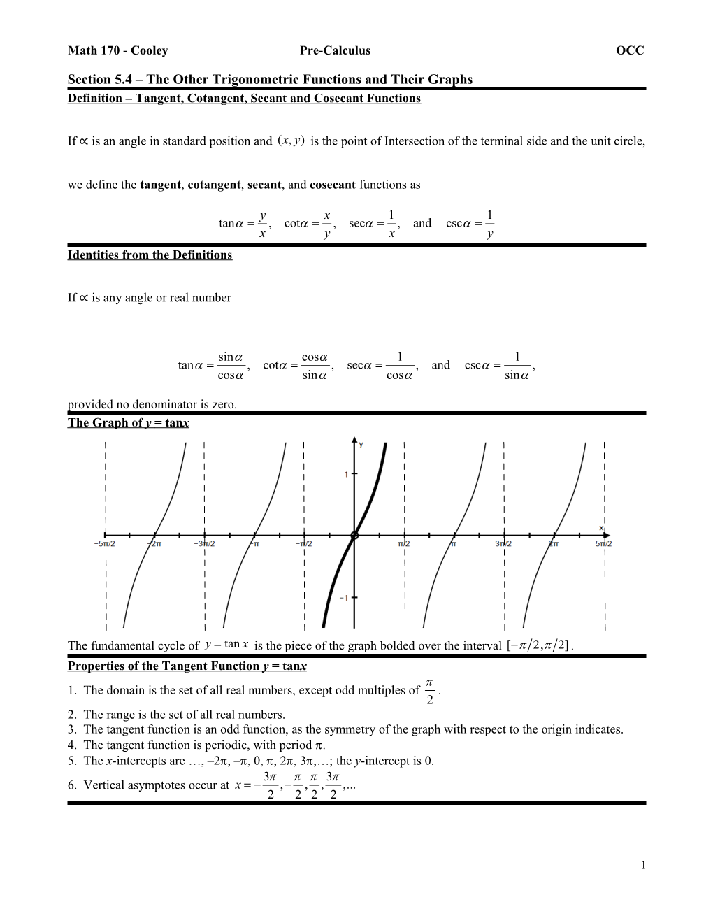 Math 170 - Cooley Pre-Calculus OCC