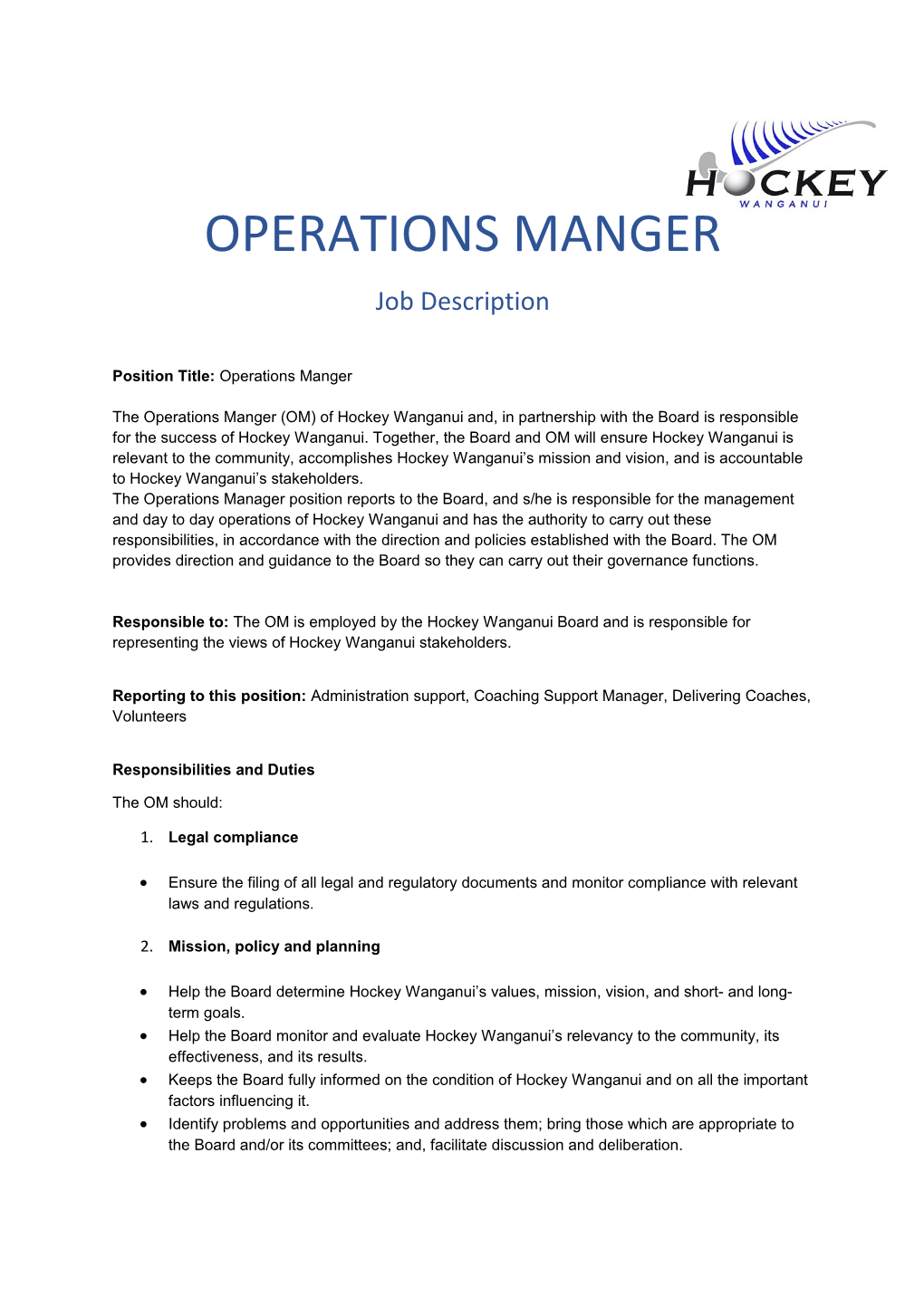 Position Title: Operations Manger