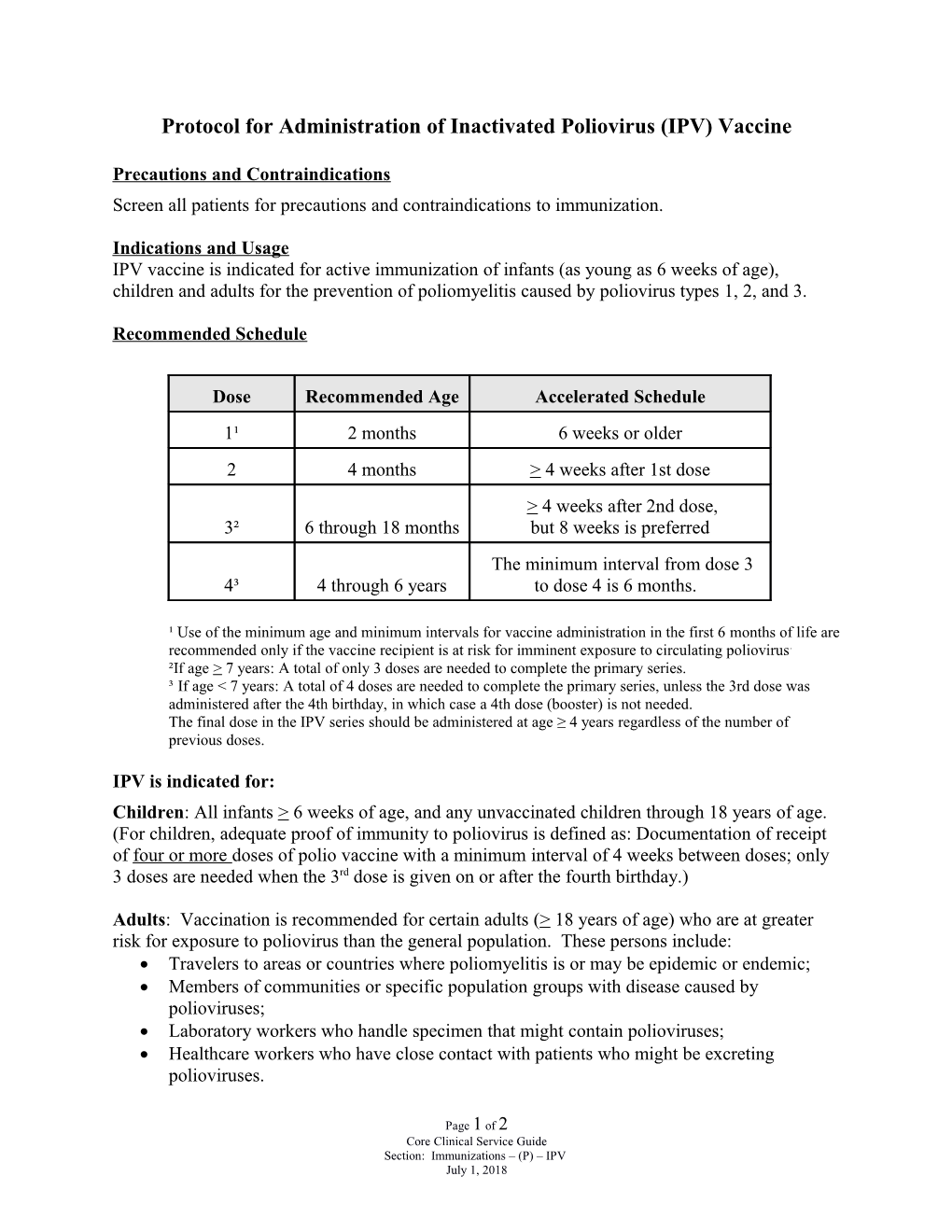 Protocol for Administration of Inactivated Poliovirus (IPV) Vaccine