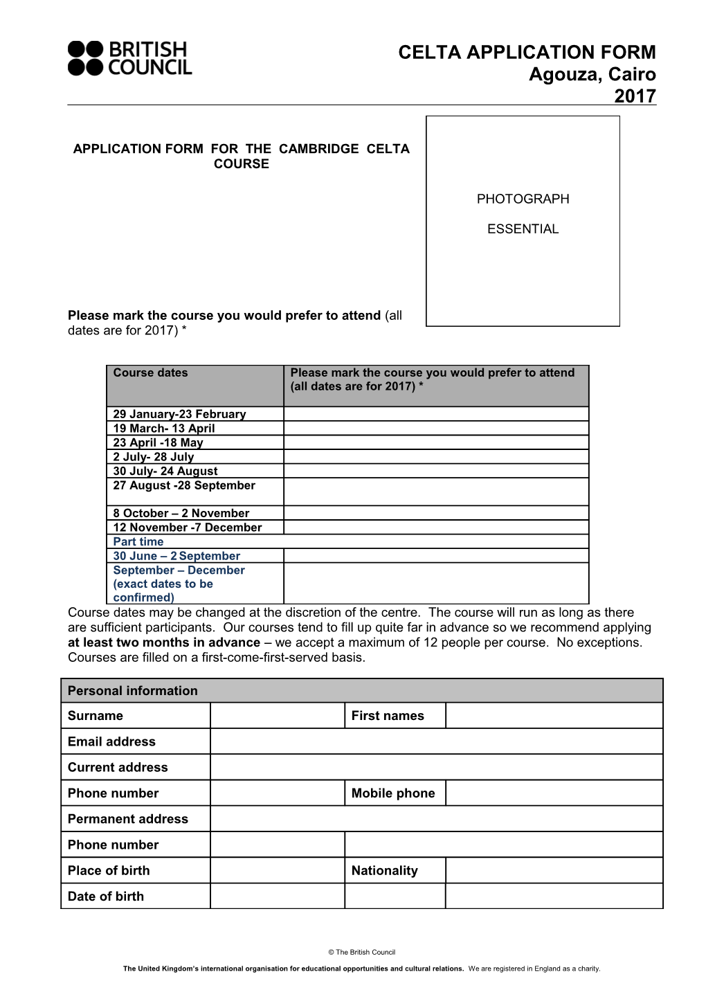 Application Form for the Cambridge Celta Course