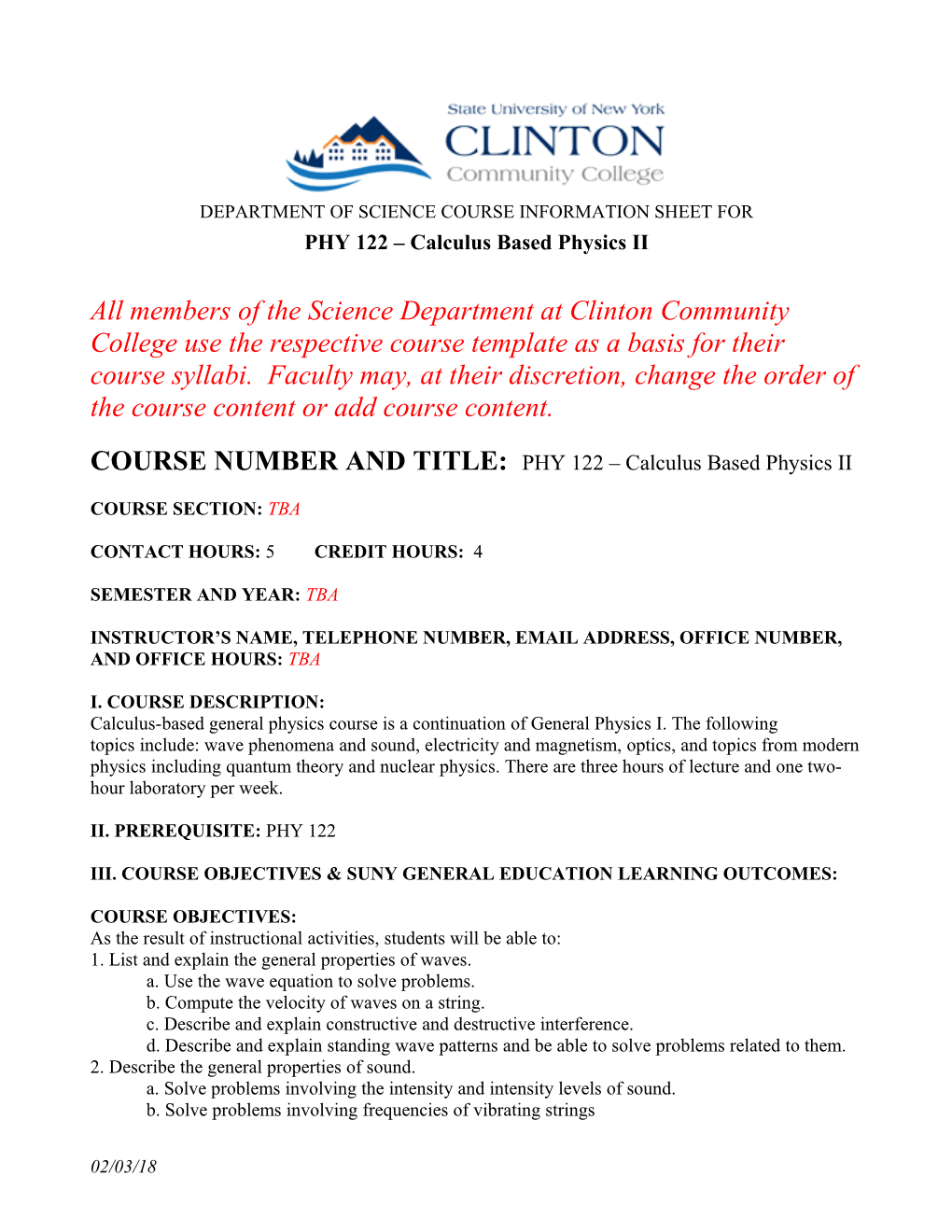 Department of Sciencecourse Information Sheet For
