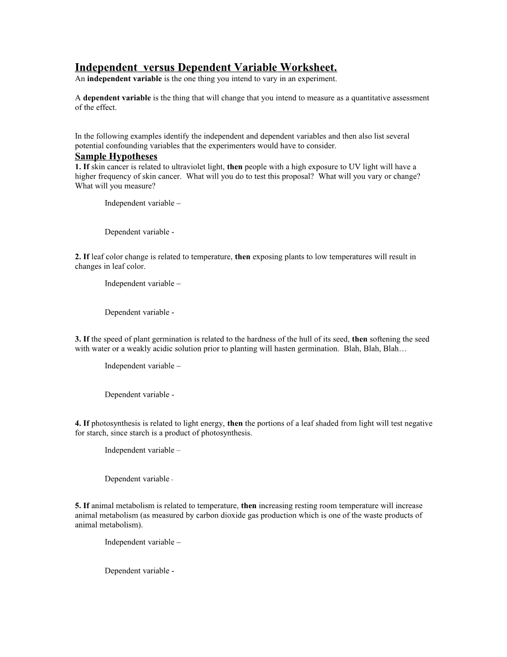 Independent Versus Dependent Variable Worksheet