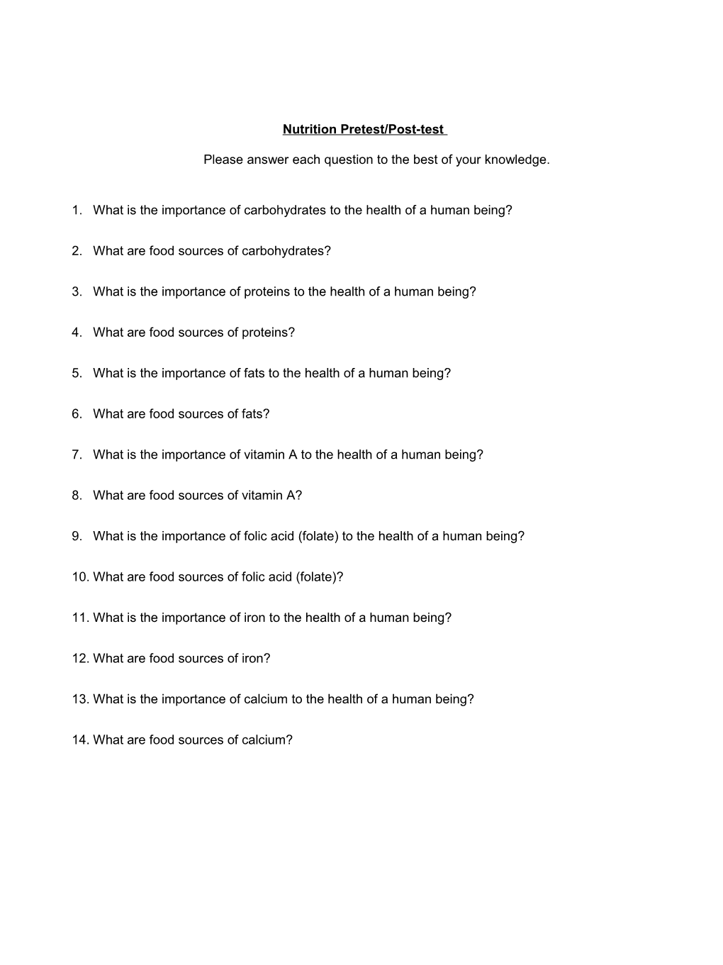 Nutrition Pretest/Post-Test