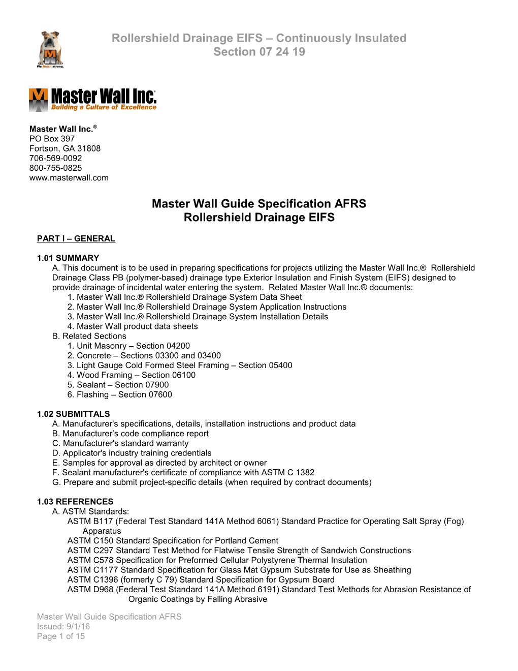 Master Wall Guide Specification AFRS