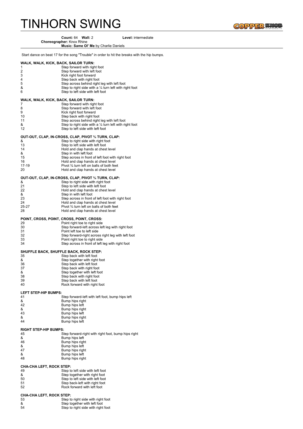 Copperknob - Linedance Stepsheets - TINHORN SWING