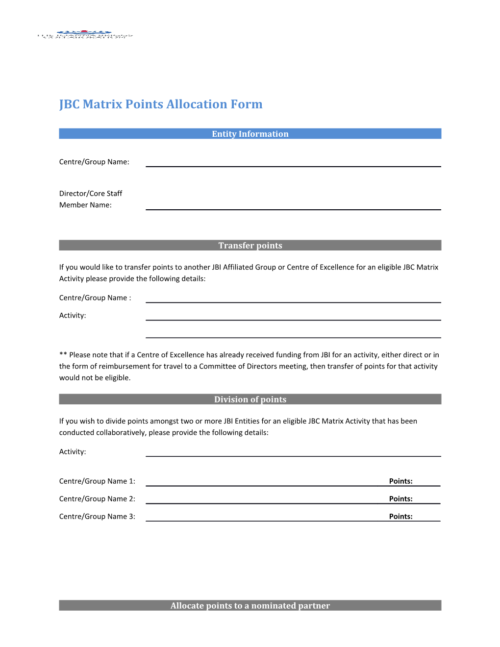 JBC Matrix Points Allocation Form