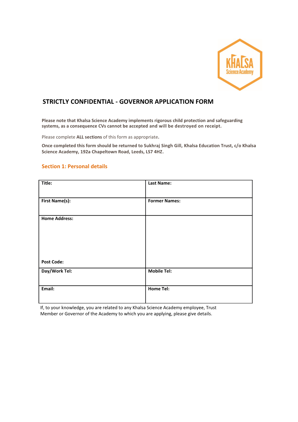 Strictly Confidential - Governor Application Form