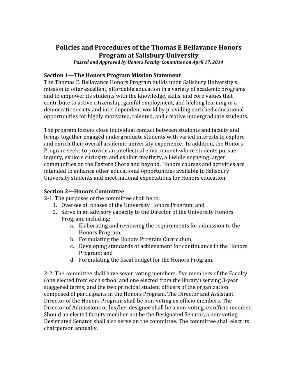 Policies and Procedures of the Thomas E Bellavance Honors Program at Salisbury University