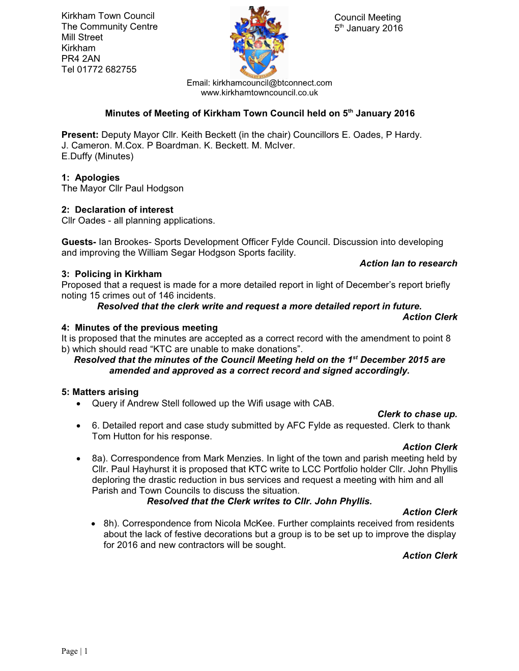 Minutes of Meeting of Kirkham Town Council Held on 5Th January 2016