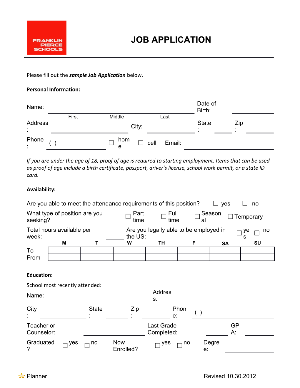 Please Fill out the Sample Job Application Below