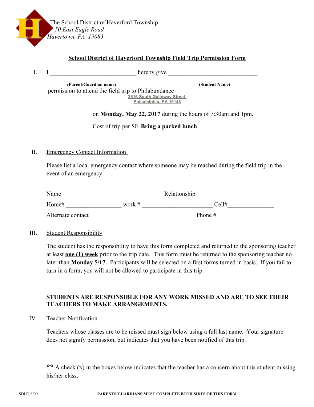 School District of Haverford Township Field Trip Permission Form