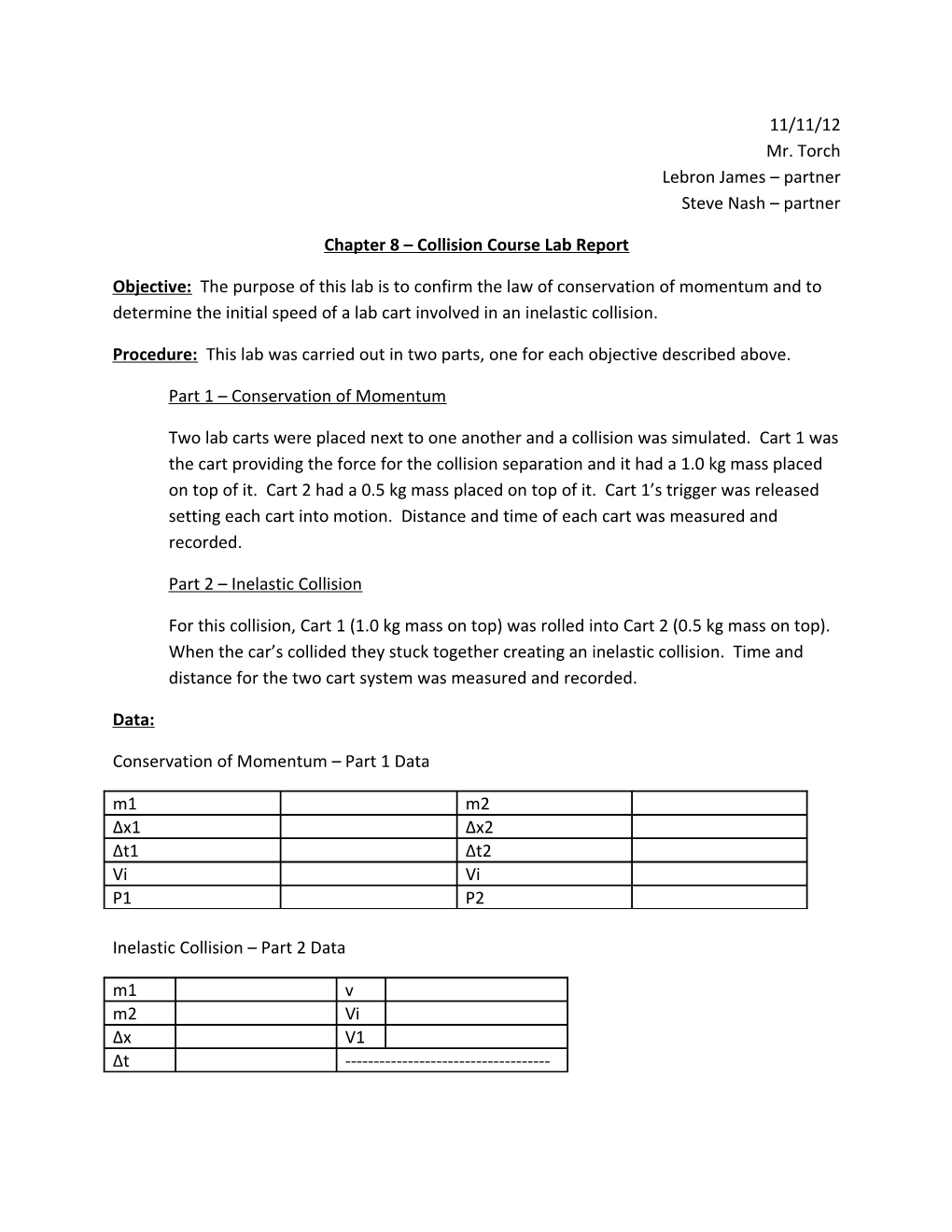 Chapter 8 Collision Course Lab Report