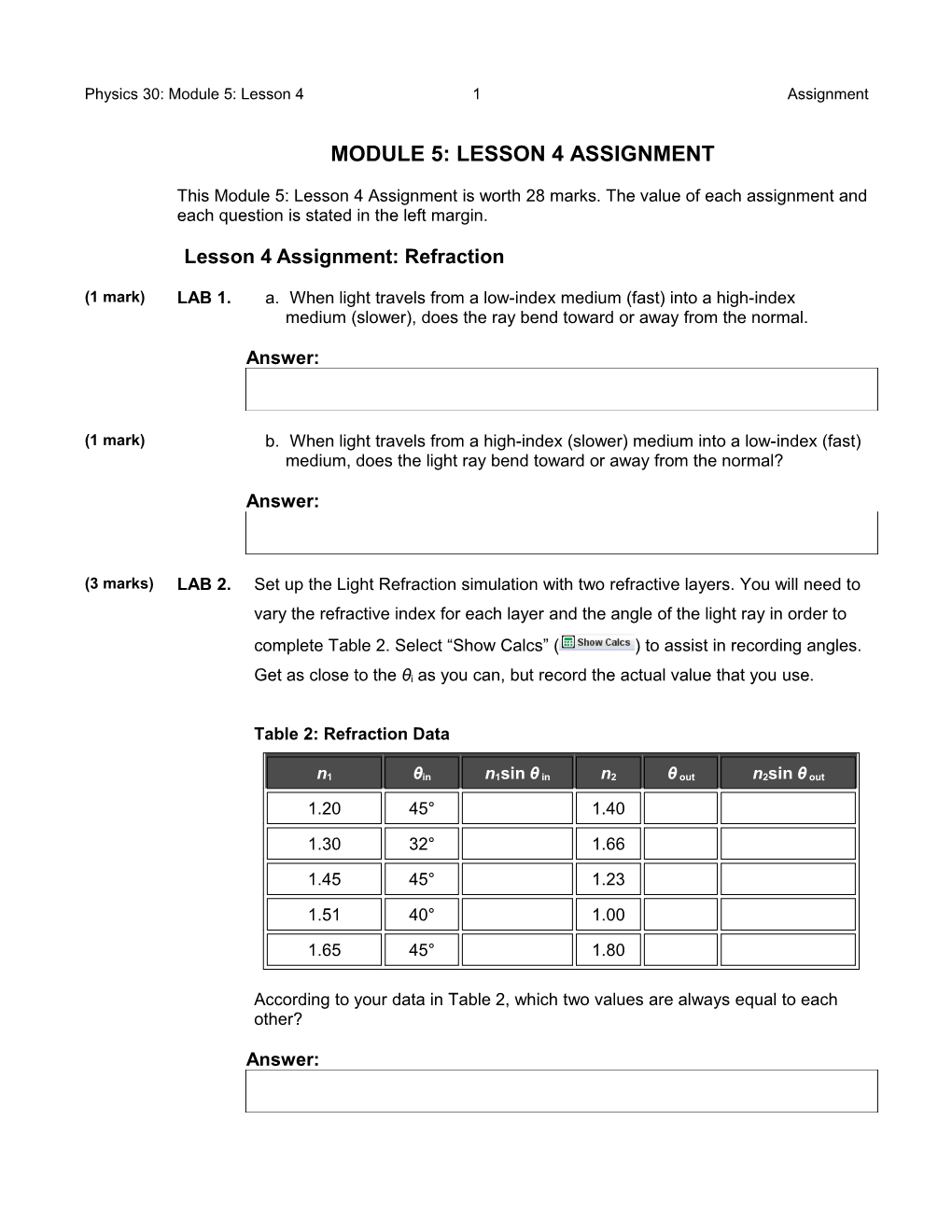 Physics 30: Module 5: Lesson 4 5 Assignment