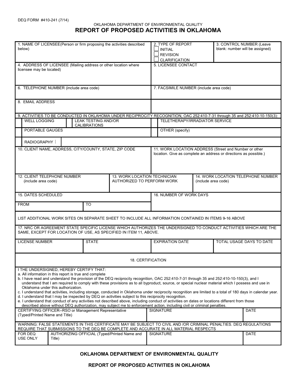 Report of Proposed Activities in Agreement State