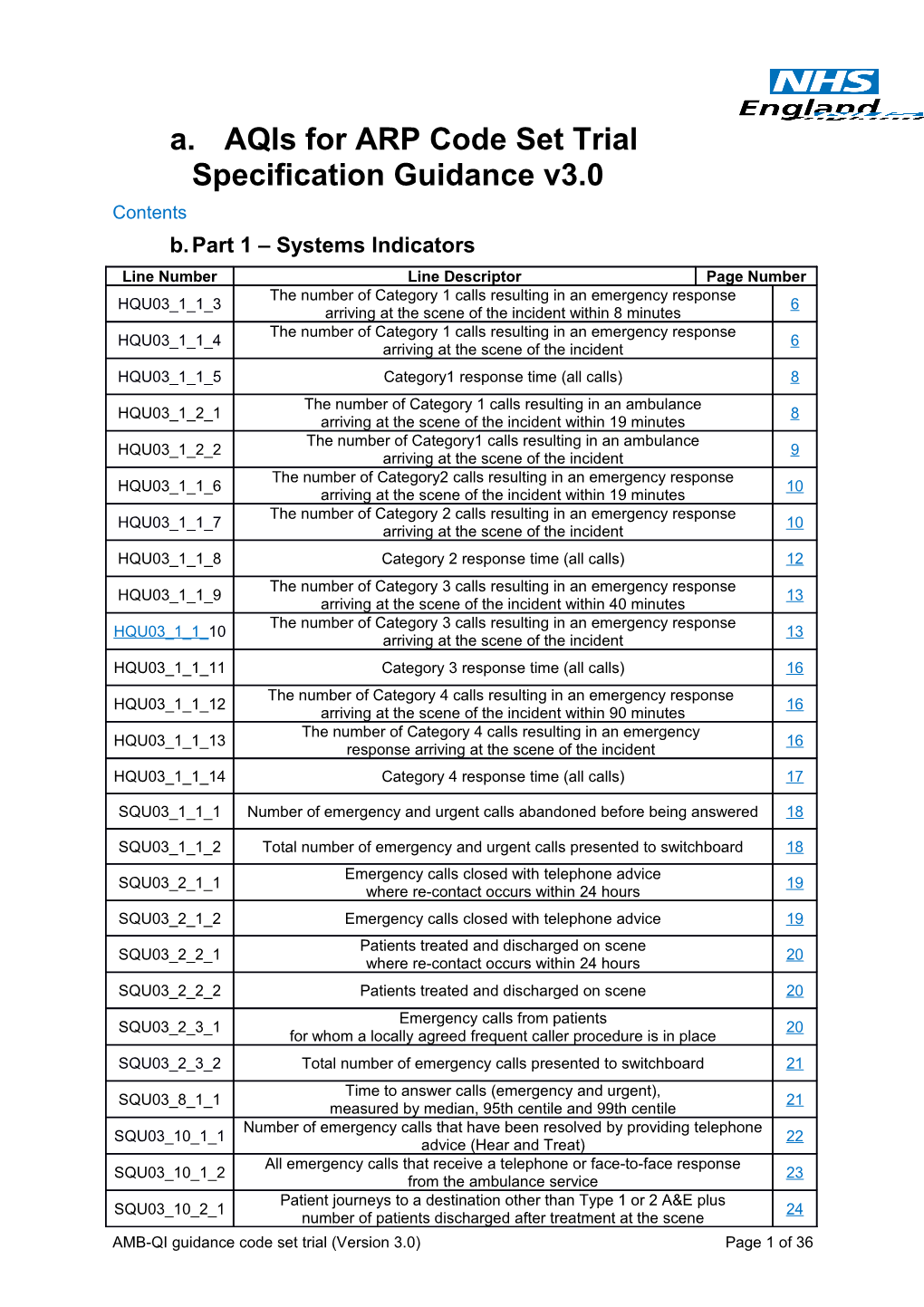 Aqis for ARP Code Set Trial Specification Guidance V3.0