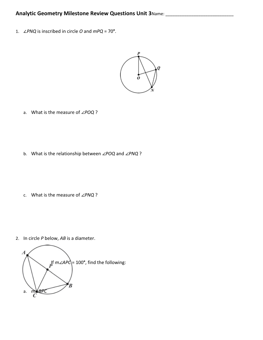 Analytic Geometry Milestone Review Questions Unit 3 Name: ______