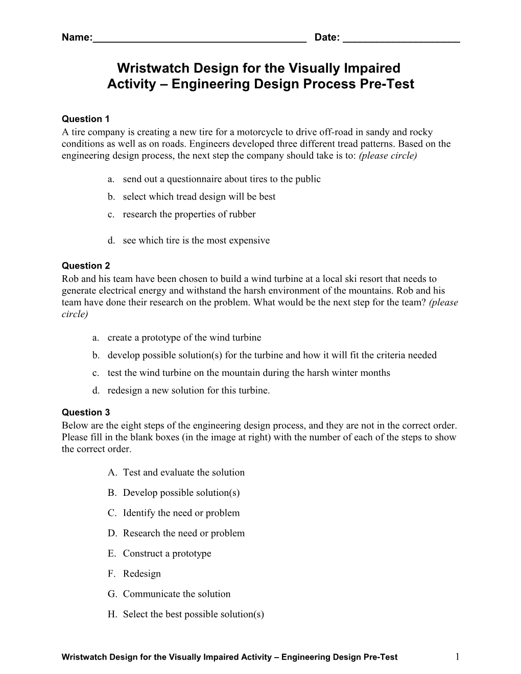 Wristwatch Design for the Visually Impaired Activity Engineering Design Process Pre-Test