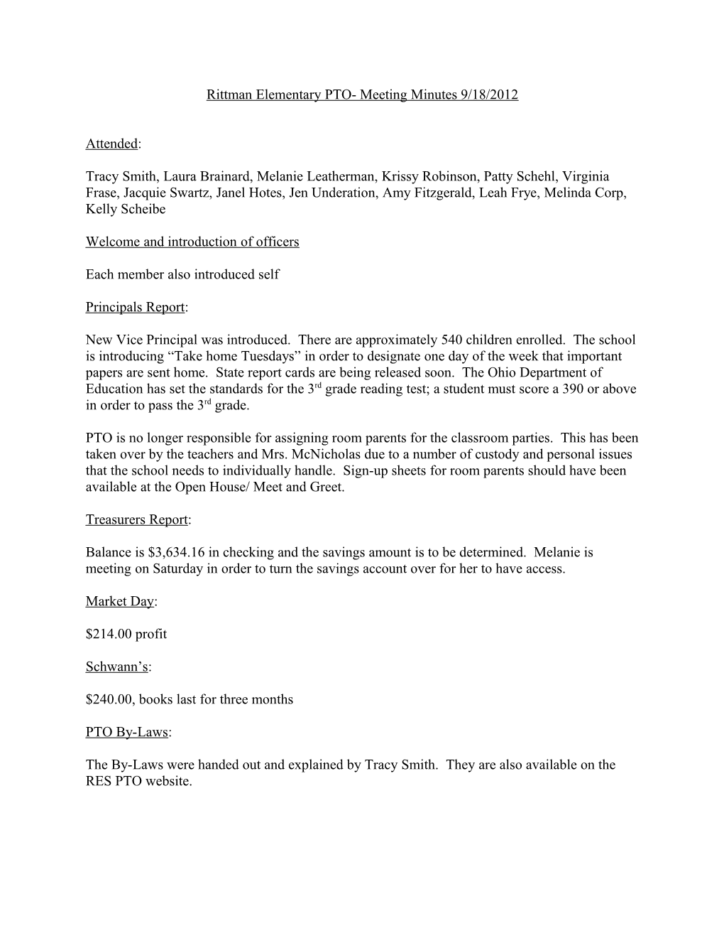 Rittman Elementary PTO- Meeting Minutes 9/18/2012