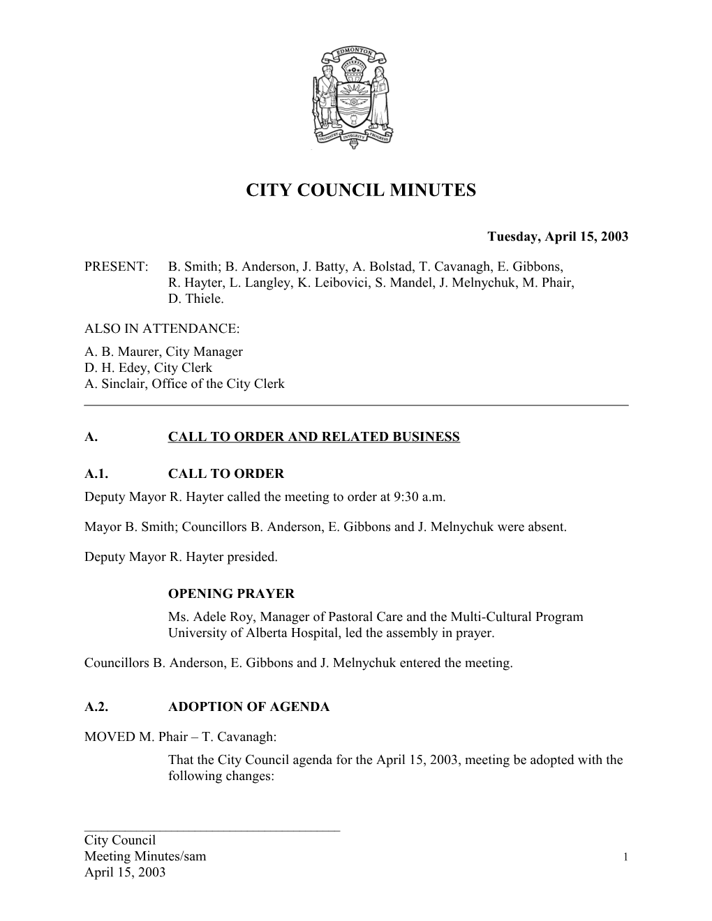 Minutes for City Council April 15, 2003 Meeting