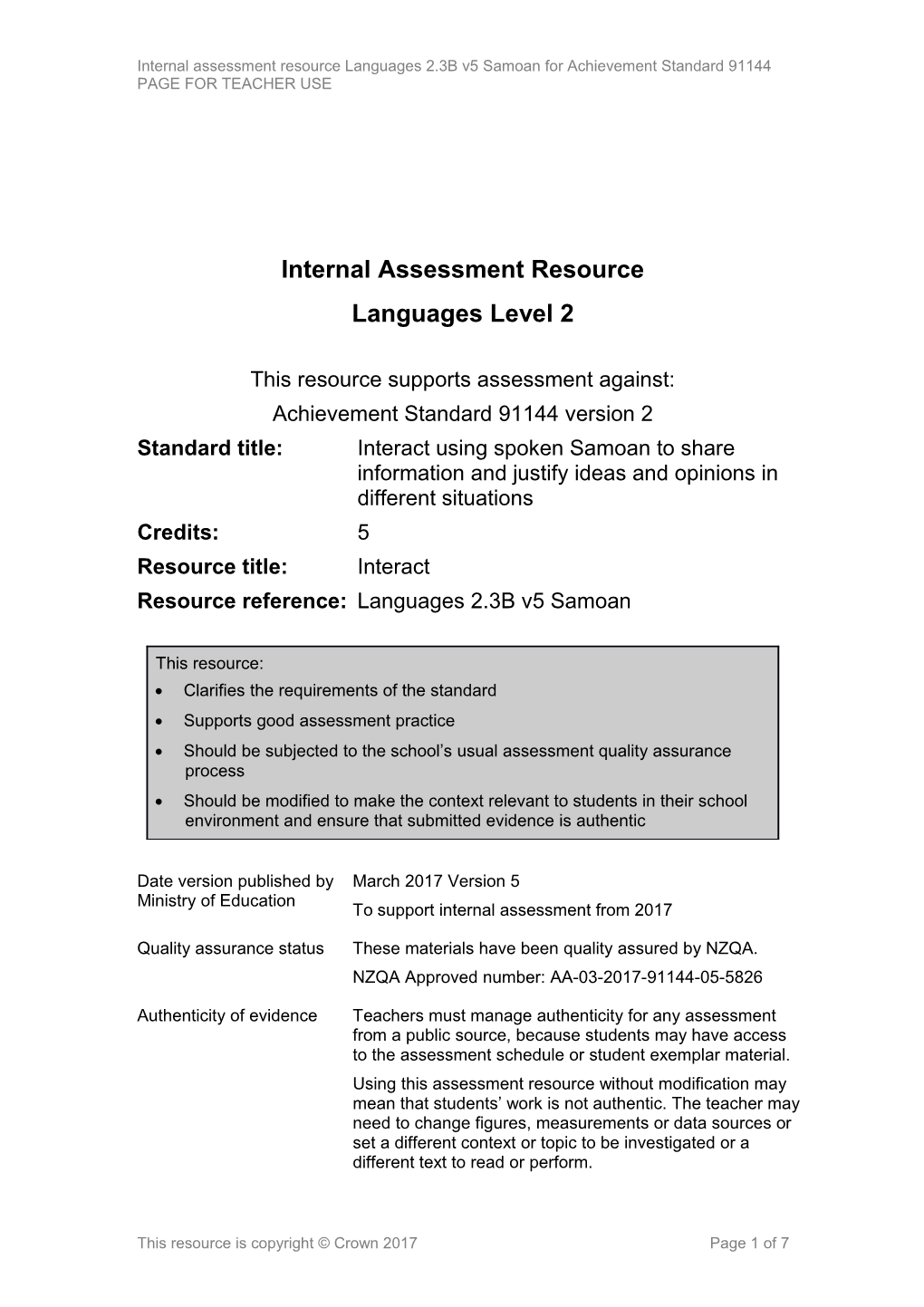 Level 2 Languages Samoan Internal Assessment Resource