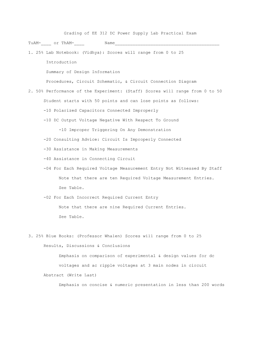 Grading of EE 312 DC Power Supply Lab Practical Exam
