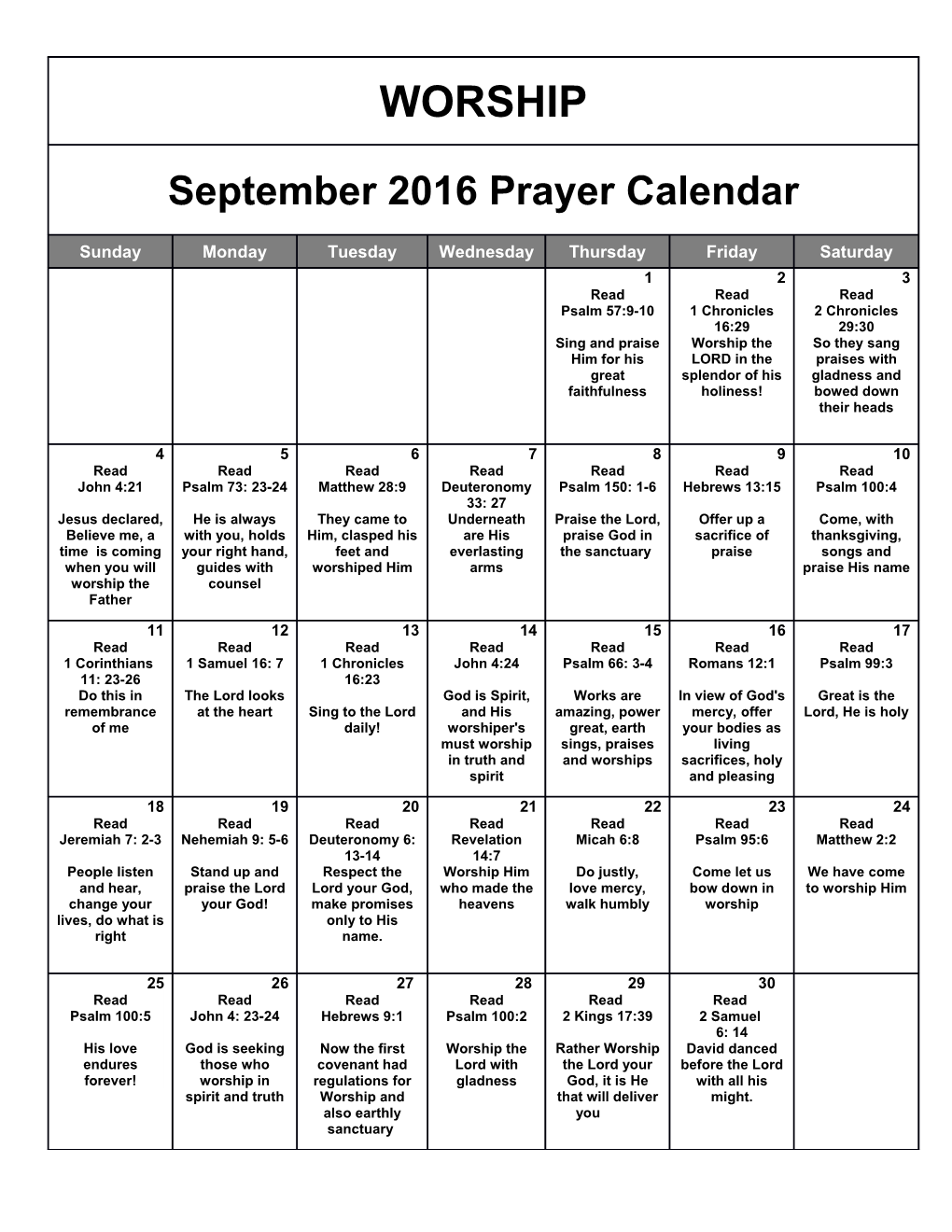 September 2016 Prayer Calendar