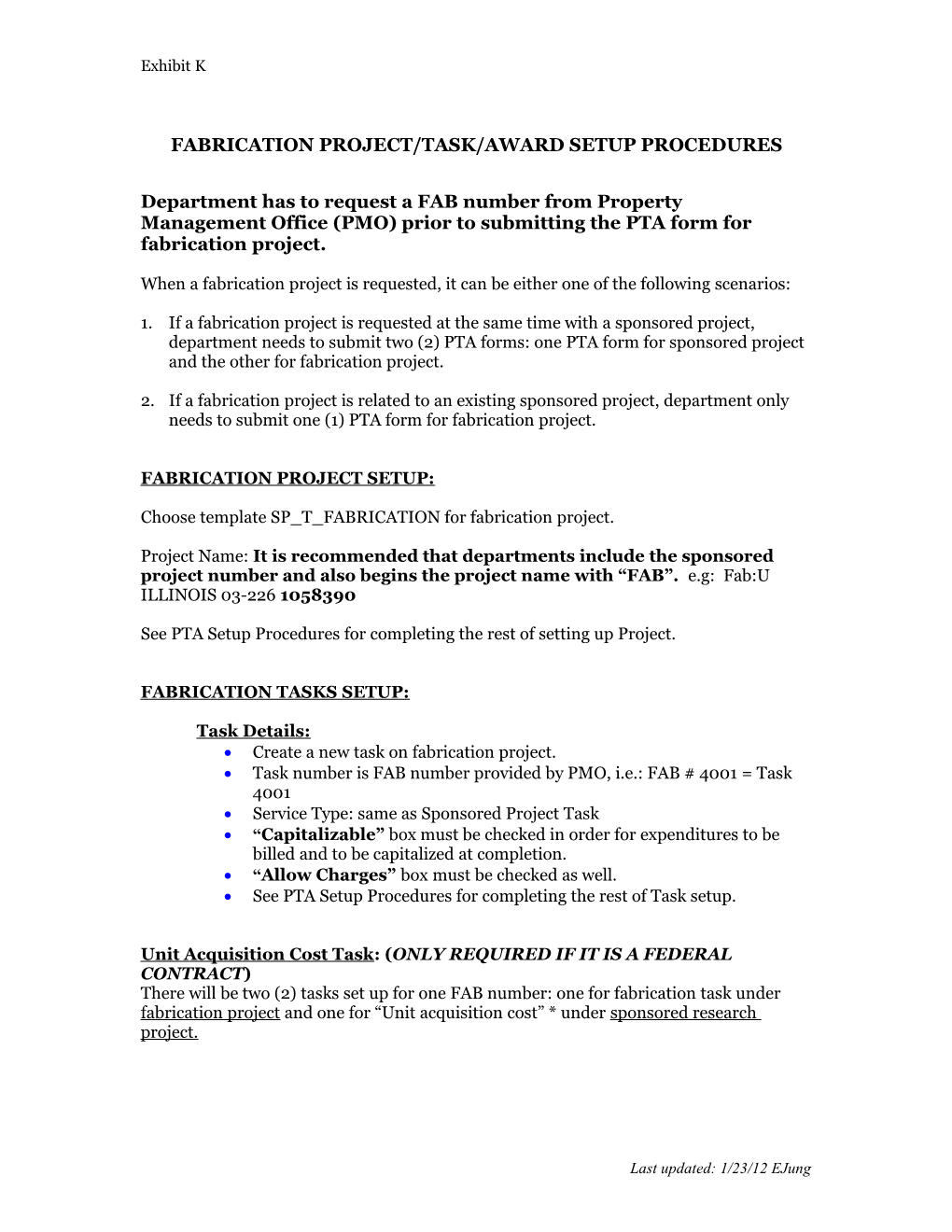 Fabrication Project/Task/Award Setup Procedures