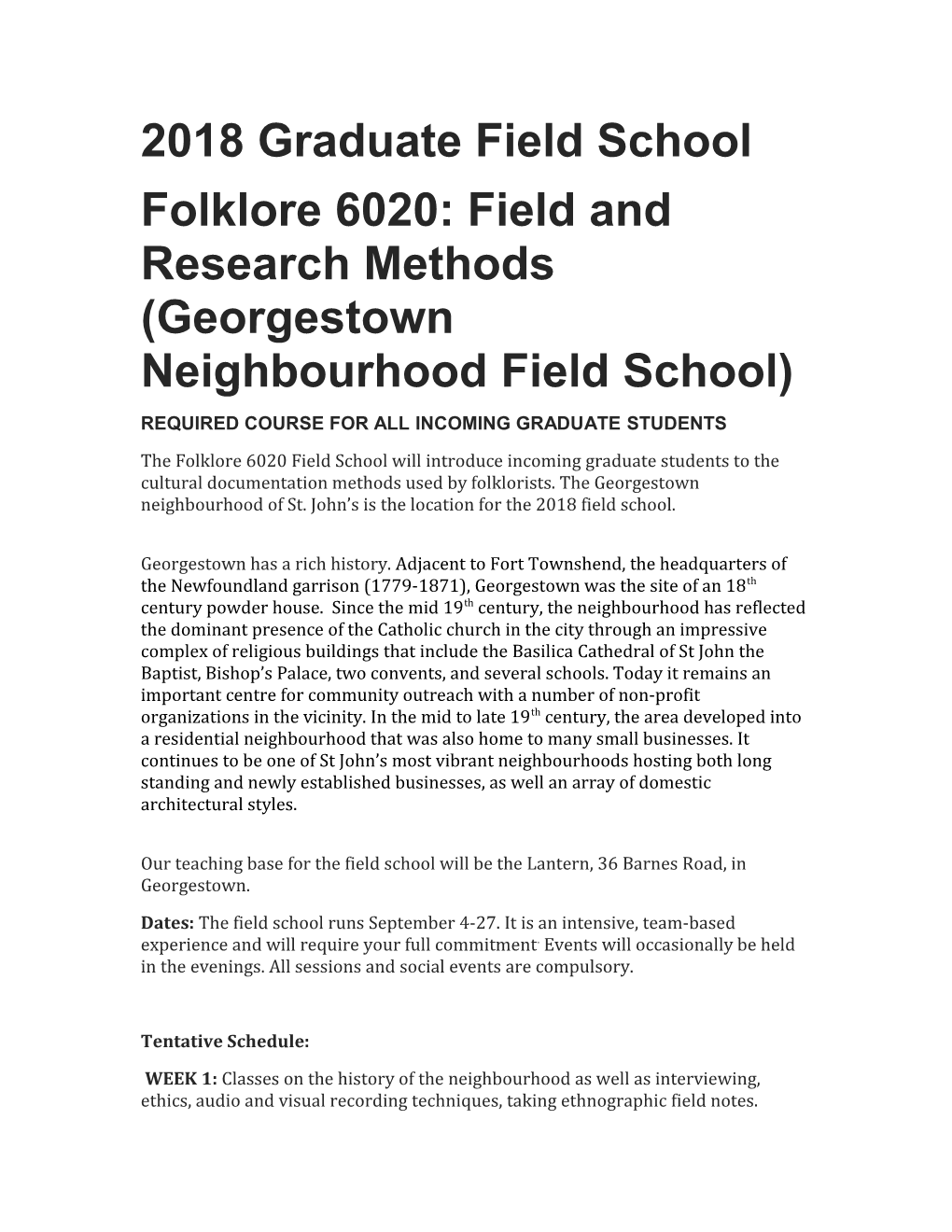 Folklore 6020: Field and Research Methods (Georgestownneighbourhoodfield School)