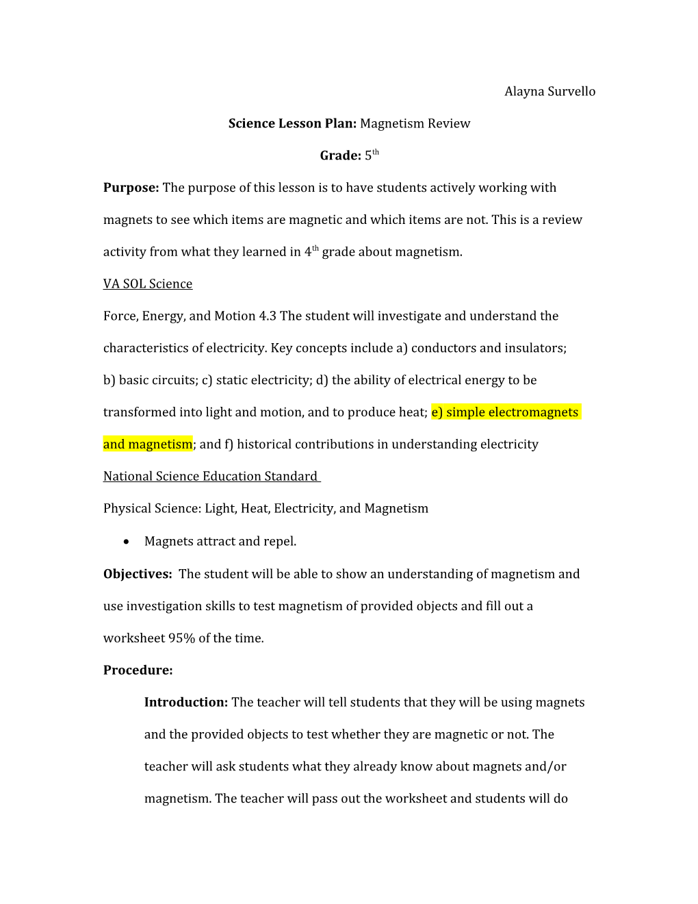 Science Lesson Plan: Magnetism Review