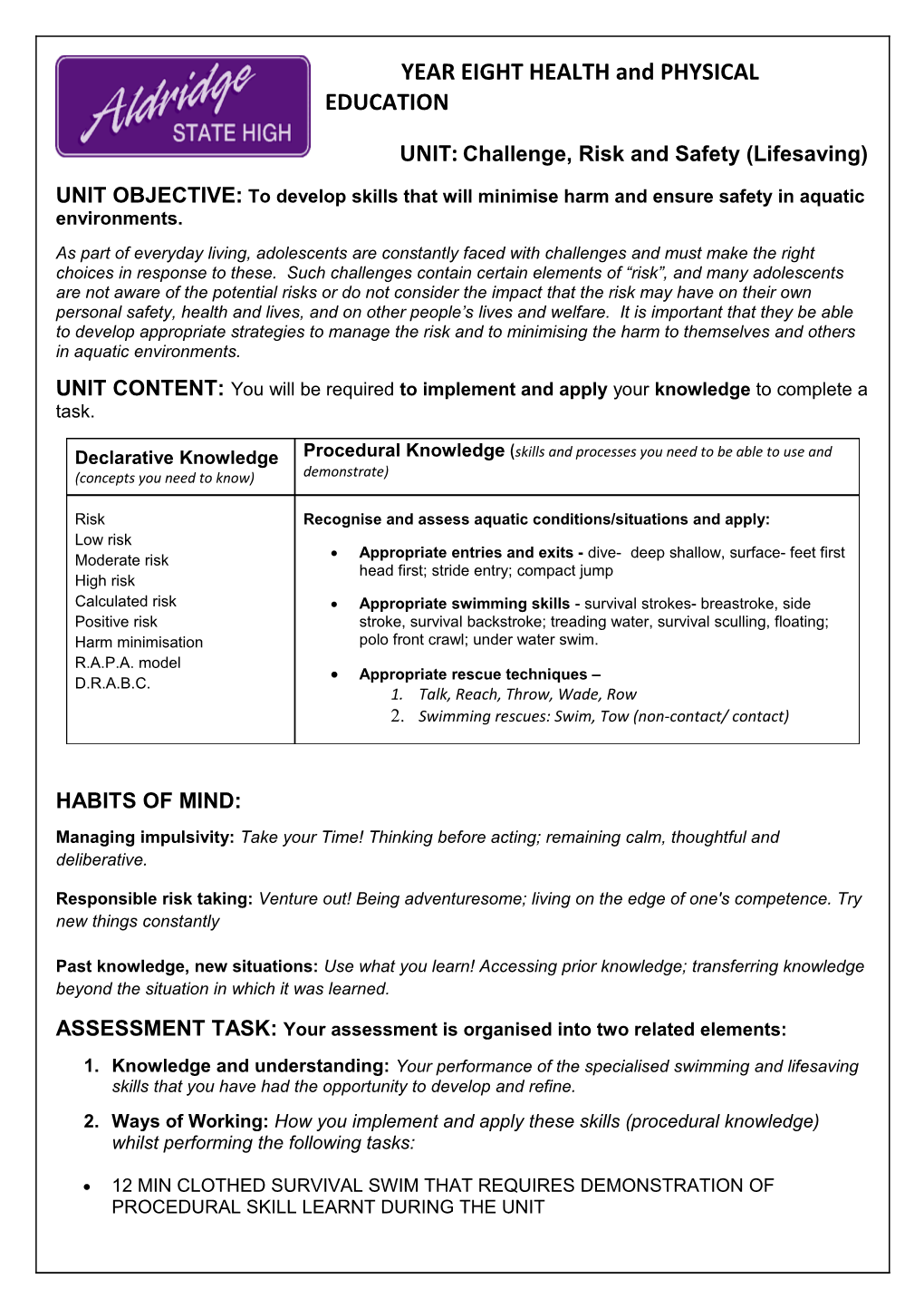 Year 8 Challenge, Risk and Safety Assignment