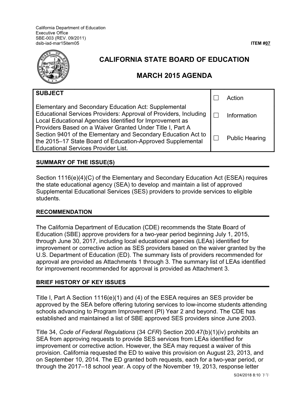 March 2015 Agenda Item 07 - Meeting Agendas (CA State Board of Education)