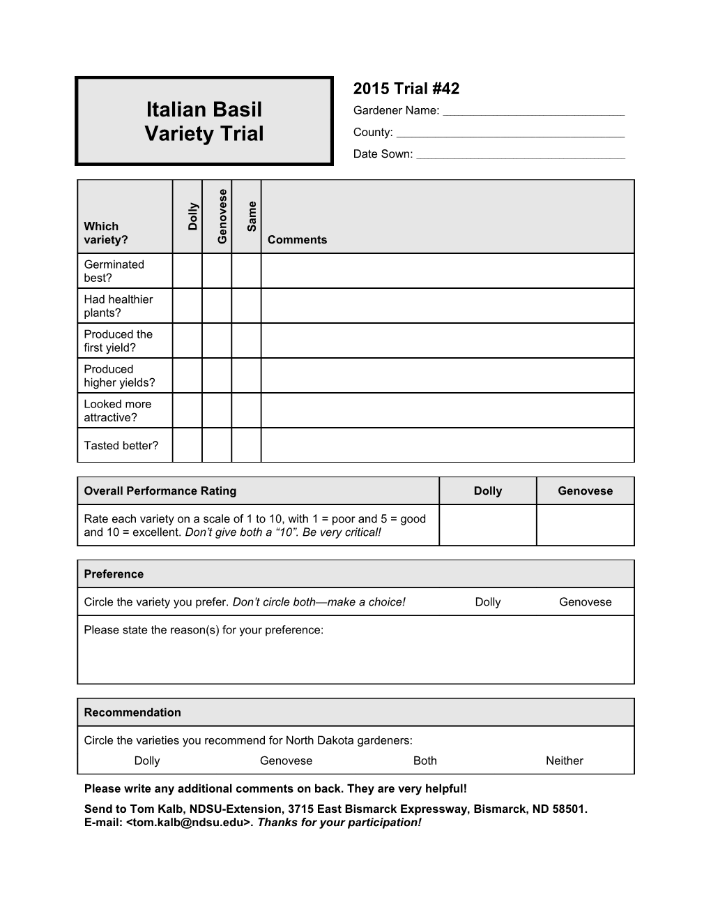Spinach Variety Trial Evaluation Form