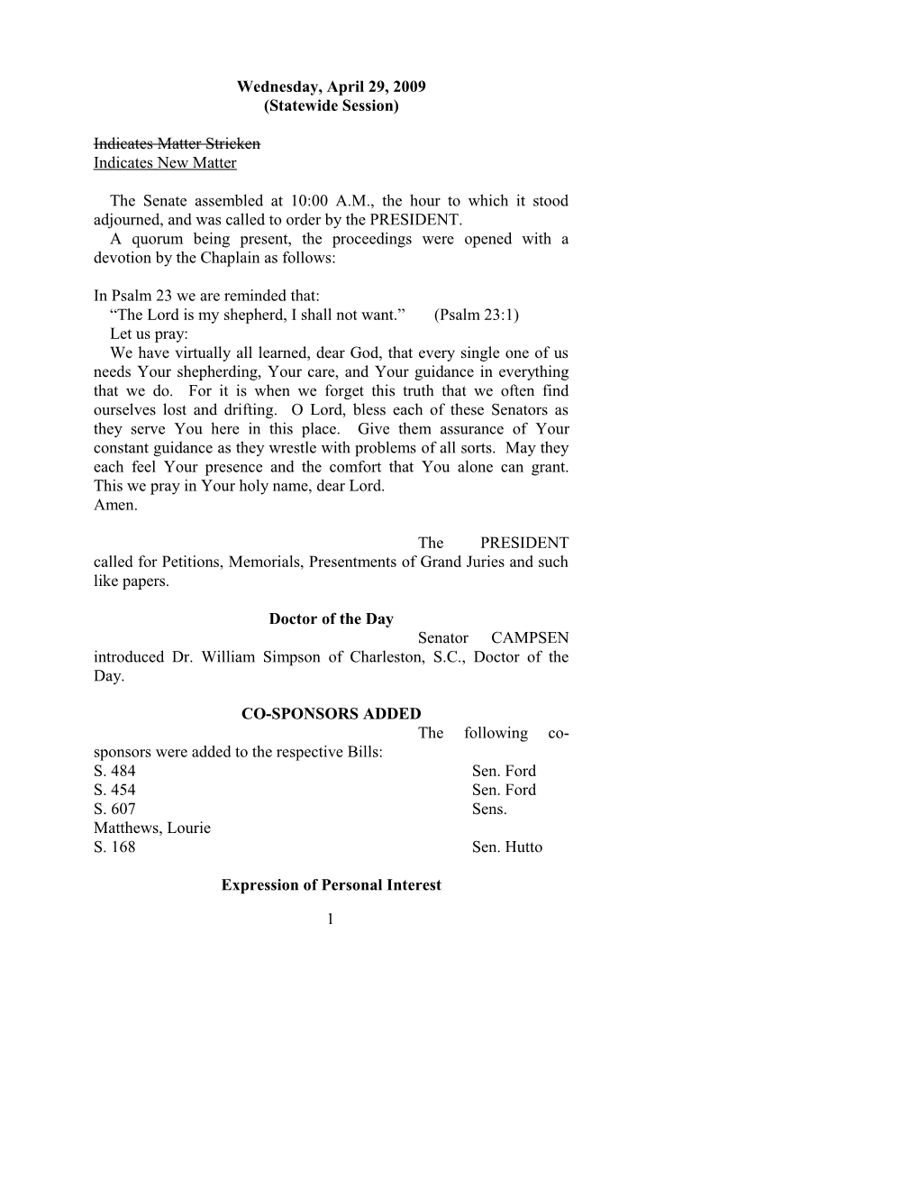 Senate Journal for Apr. 29, 2009 - South Carolina Legislature Online