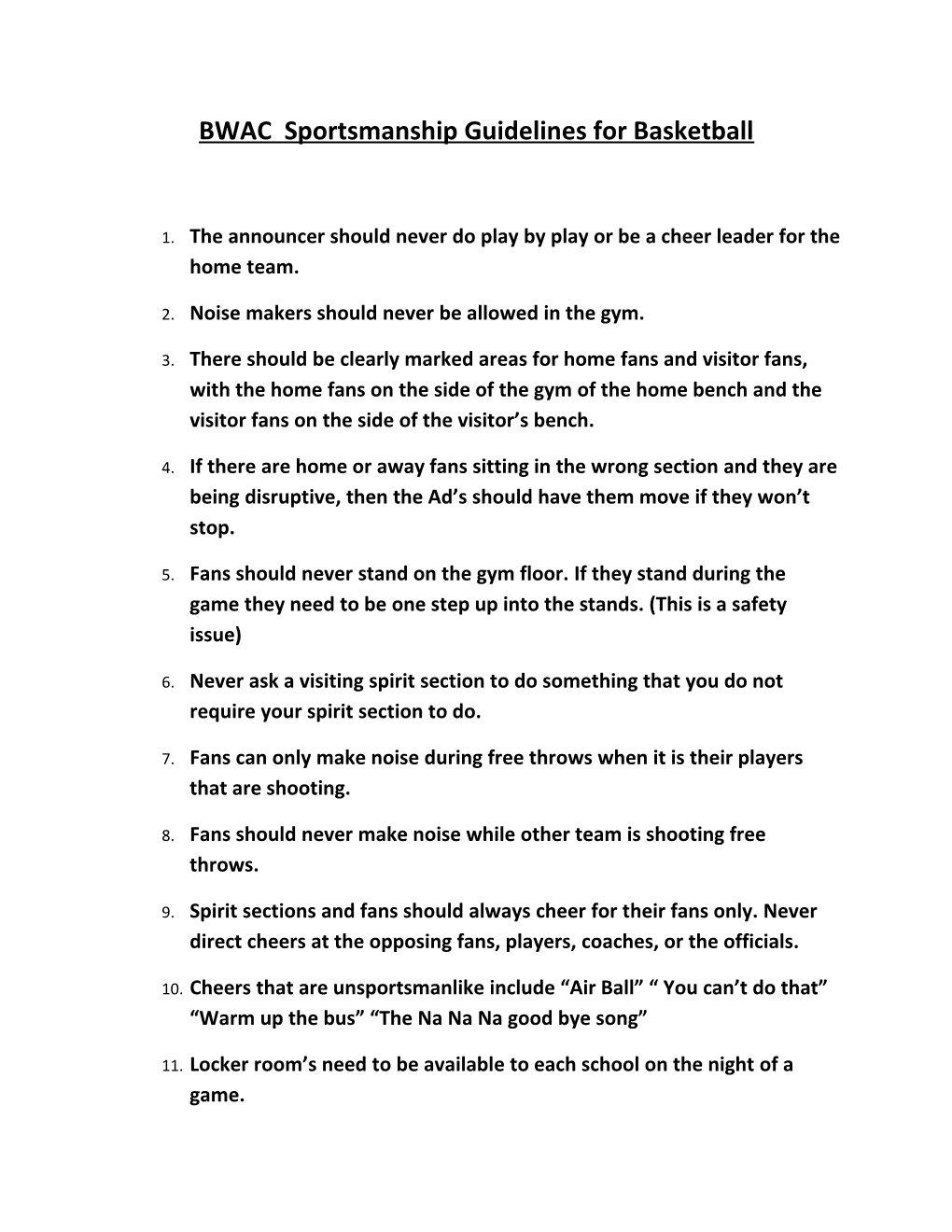 BWAC Sportsmanship Guidelines for Basketball