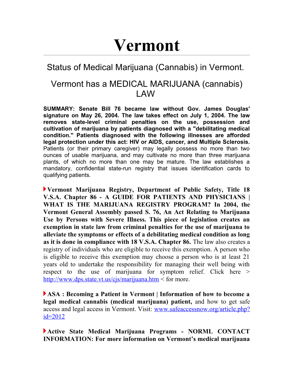 Status of Medical Marijuana (Cannabis) in Vermont