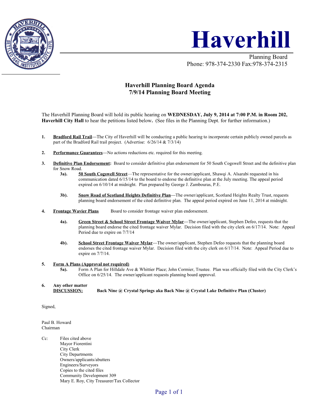 Haverhill Planning Board Agenda s1