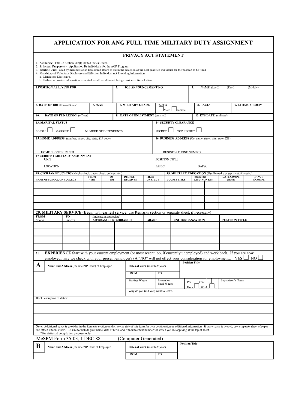 Application for Ang Full Time Military Duty Assignment