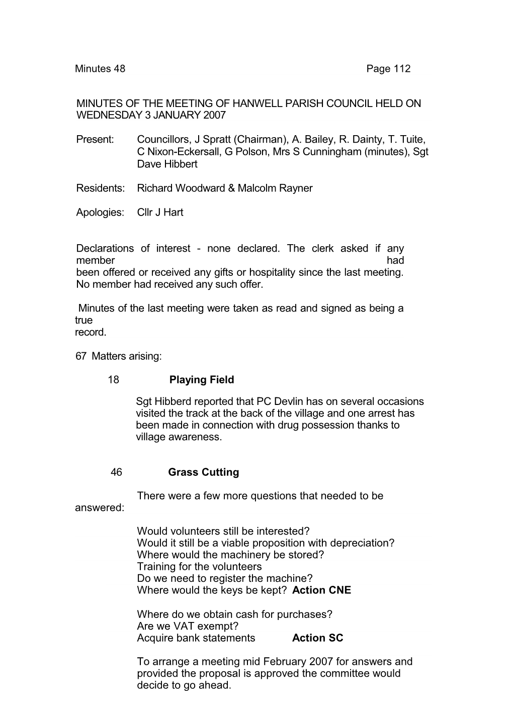 Minutes of the Meeting of Hanwell Parish Council Held on Wednesday 3 January 2007