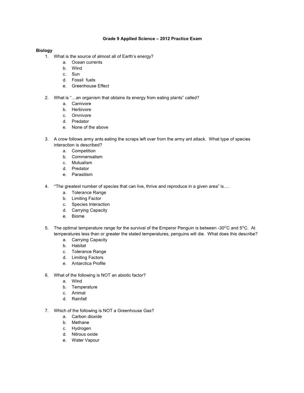 Grade 9 Applied Science 2012 Practice Exam