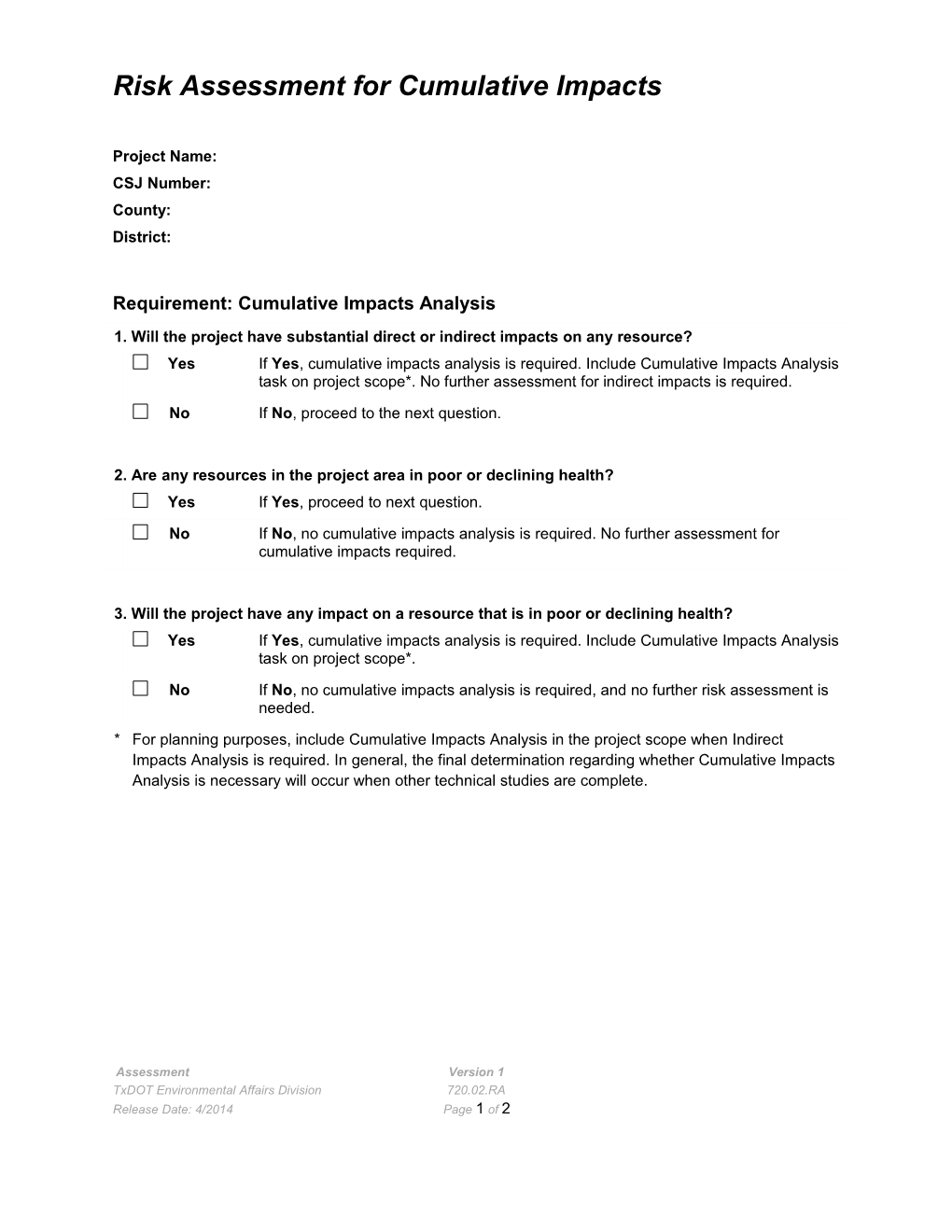 Risk Assessment for Cumulative Impacts