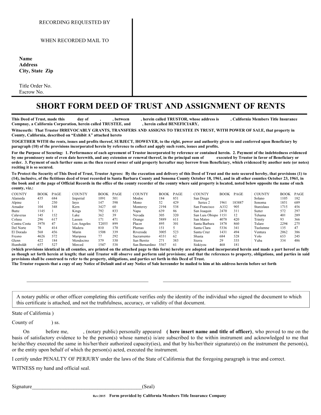 Short Form Deed of Trust and Assignment of Rents