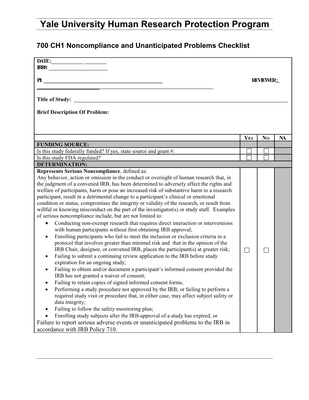 700 CH 1 Noncompliance and Unanticipated Problems Checklist