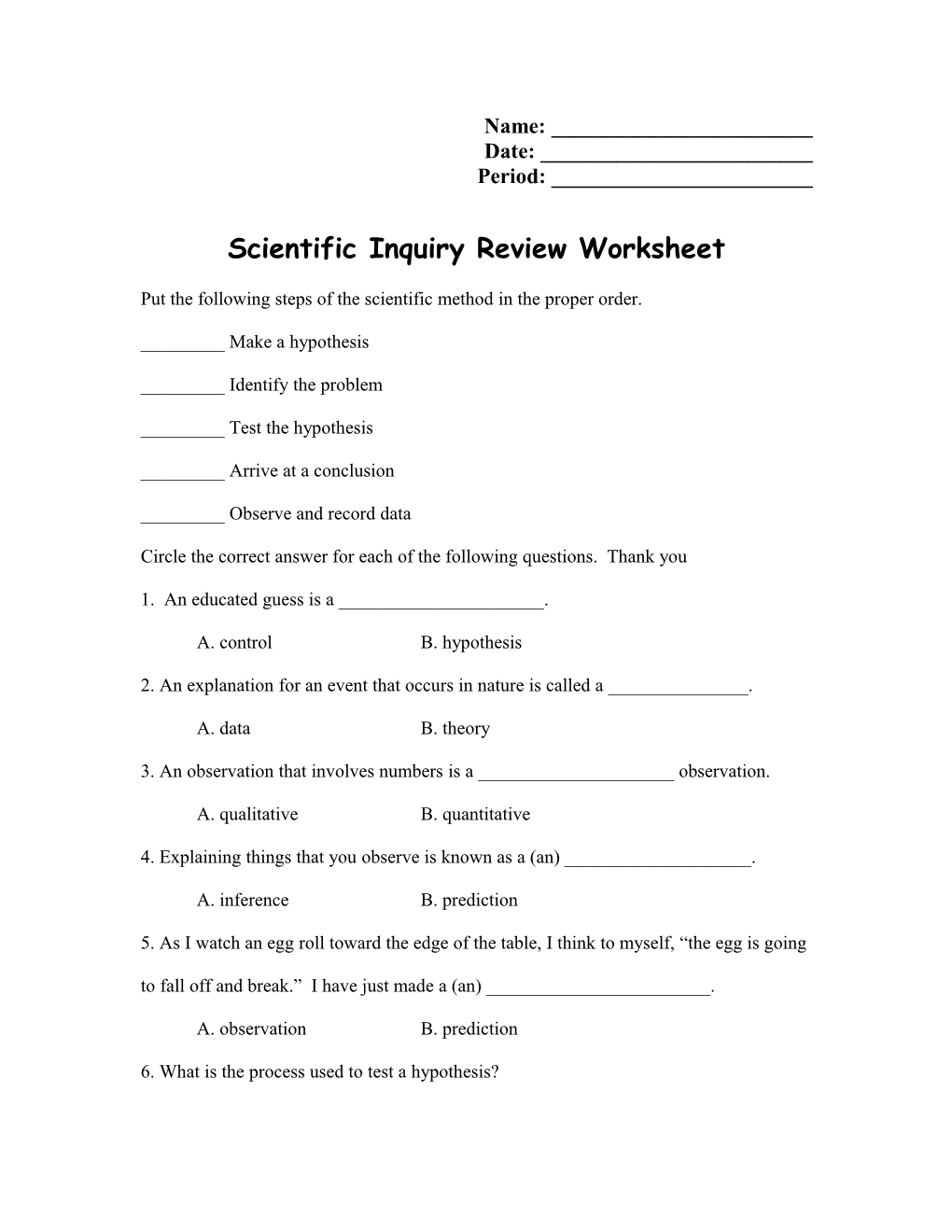 Scientific Inquiry Review Worksheet