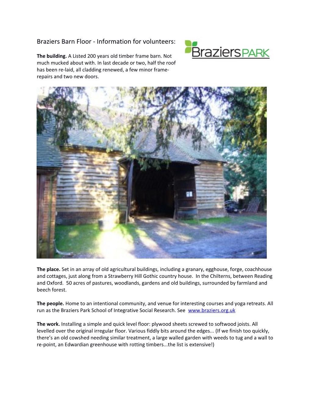 Braziers Barn Floor - Information for Volunteers