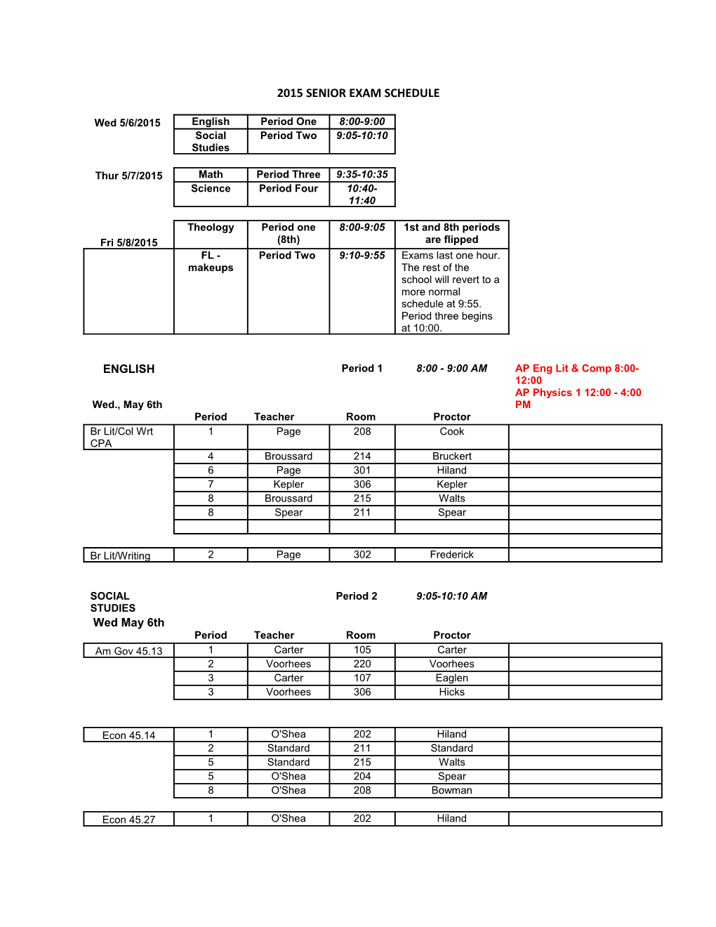 2015 Senior Exam Schedule