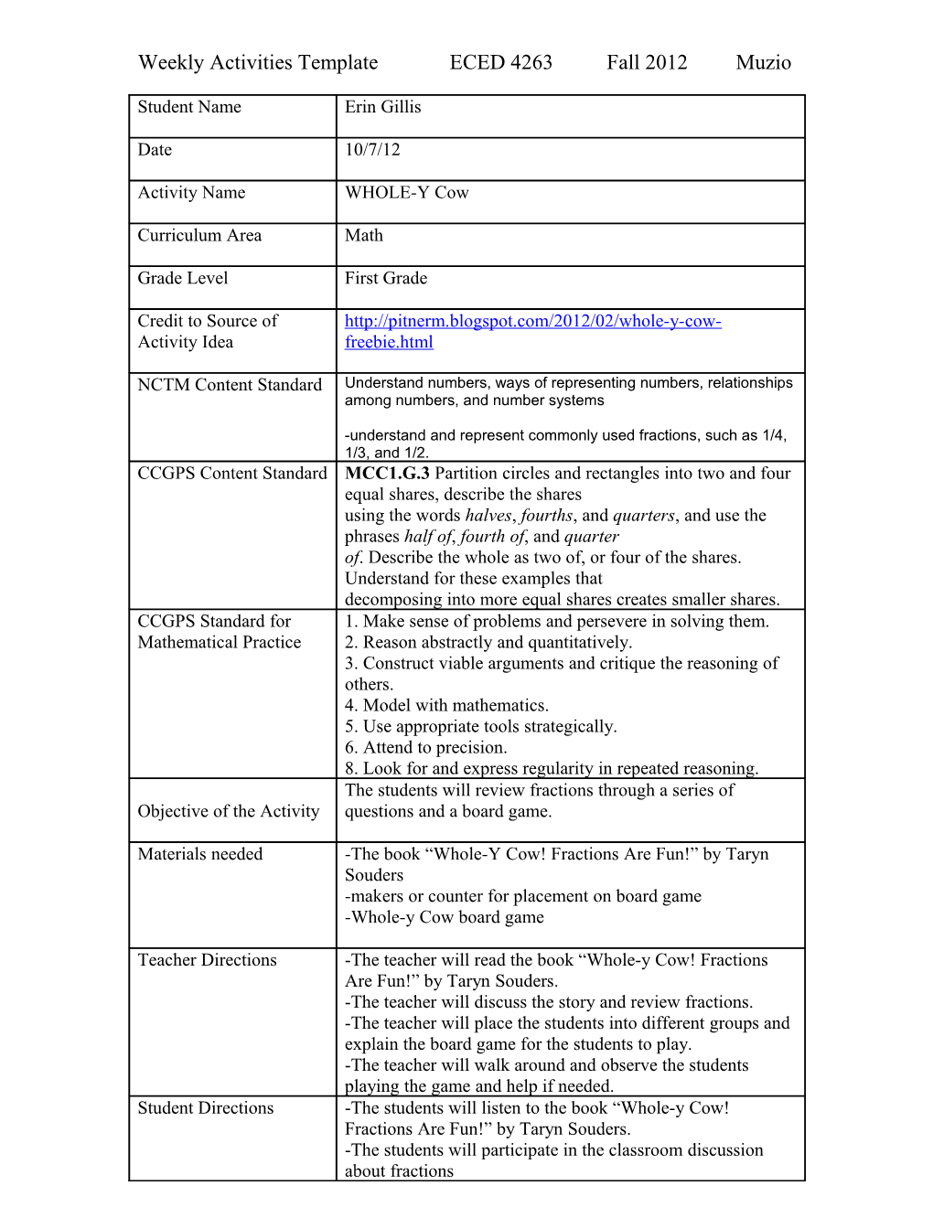 Weekly Curriculum Activity Template